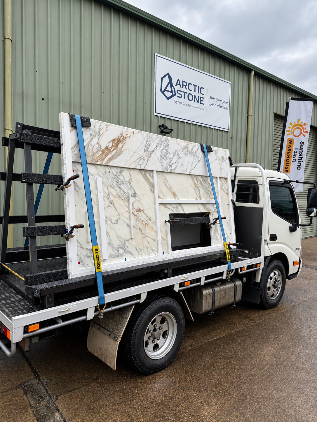 Natural stone components secured to the Arctic Stone delivery truck