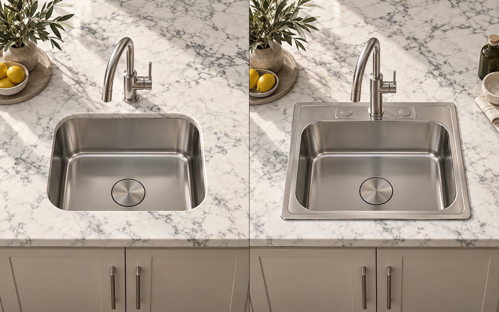 Undermount and top mount sinks in marble benchtops