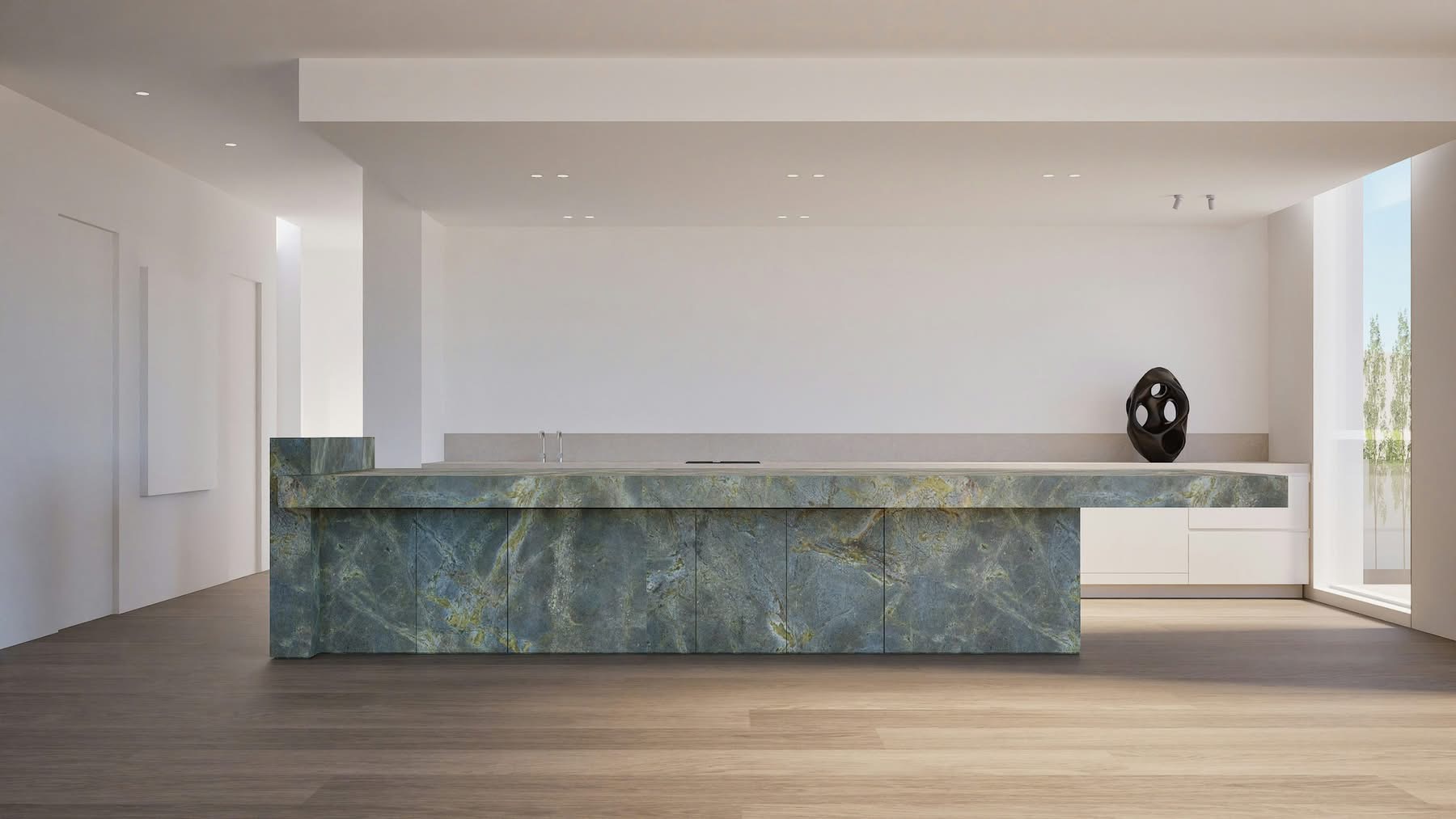 Premium green stone kitchen island in a minimal contemporary interior